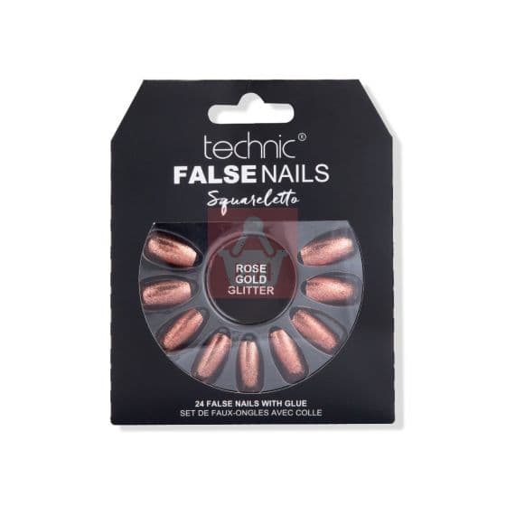 Technic Squareletto 24 False Nails With Glue - Rose Gold Glitter - Emart Skincare Bangladesh