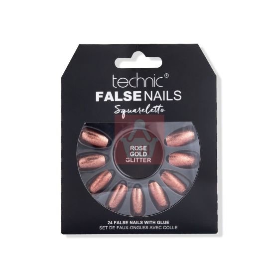 Technic Squareletto 24 False Nails With Glue - Rose Gold Glitter - Emart Skincare Bangladesh