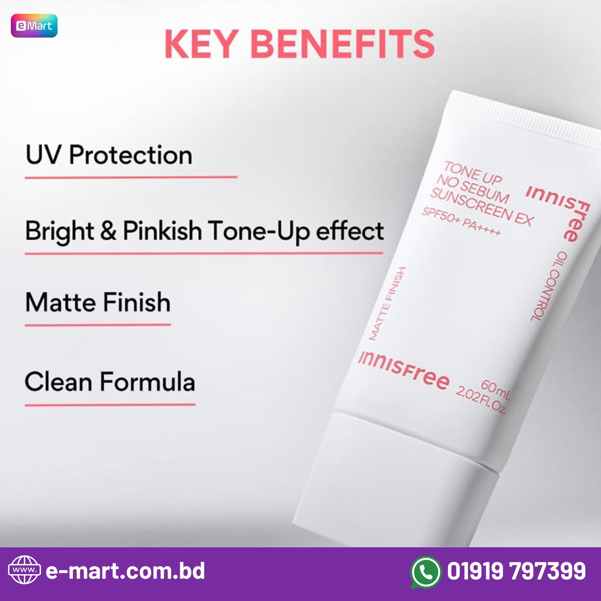 Innisfree Tone Up Watering Sunscreen SPF50+ PA++++ 50ml - Emart Skincare Bangladesh