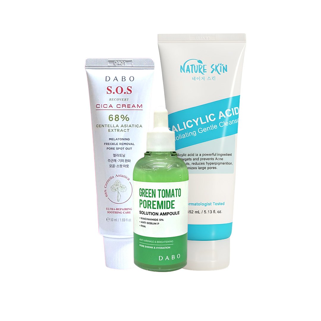 Sensitive Skin Care Combo: S.O.S Recovery CICA Cream, Nature Skin Salicylic Acid, Green Tomato Ampoule - Emart Skincare Bangladesh