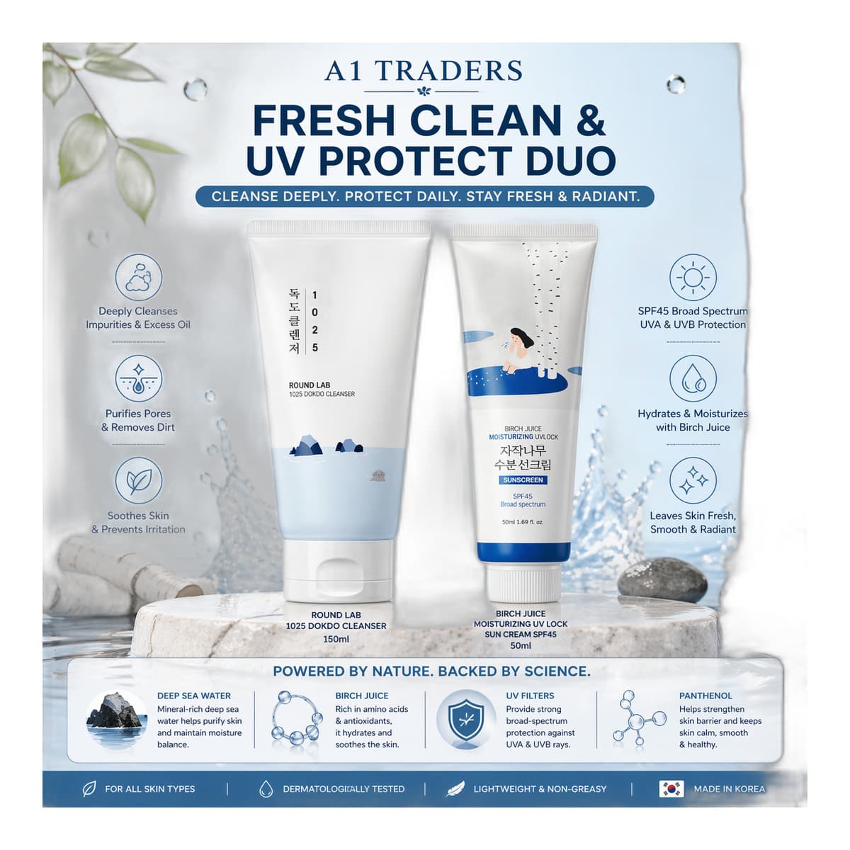 ROUND LAB Dokdo Cleanser (150ml) & Birch Juice Sun Cream (50ml) Fresh Clean & UV Protect Duo - Emart Skincare Bangladesh